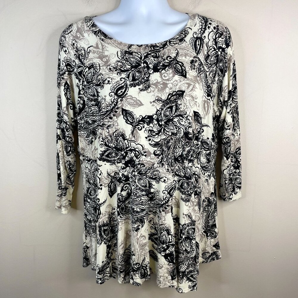 Tianello Art To Wear Top Women XLarge Neutral Capsule Floral Paisley Swing Tunic